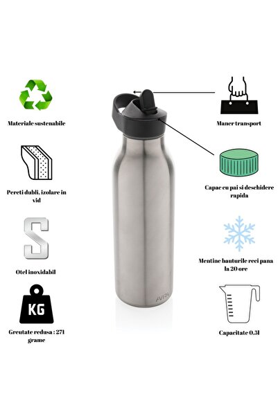 RONIC X Avira Water Bottle, 500 ml, flip-top straw, leakproof, BPA-free, recycled stainless steel, s
