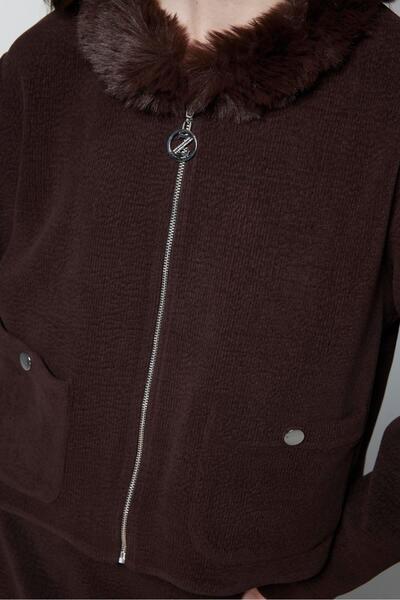 Zühre Fur Collar Zippered Jacket Skirt Brown Double Suit Tk-1730