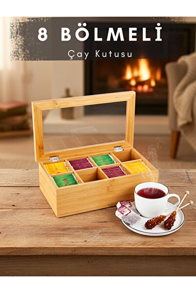 Penthouse Bambu Çay Kutusu 8 Bölmeli Kapaklı Bitki Çayı Saklama Kabı Kahveren...