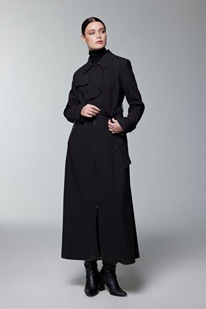 Zühre Düğme ve Fermuar Detaylı Kuşaklı Siyah Trençkot 13928