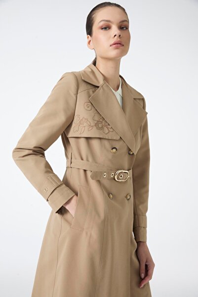 Zühre İşleme Detaylı Kemerli Vizon Trençkot 13812