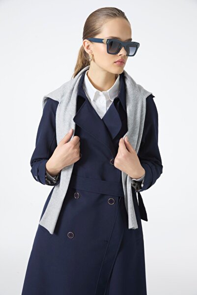 Zühre Apolet Detaylı Kemerli Lacivert Trençkot 13820