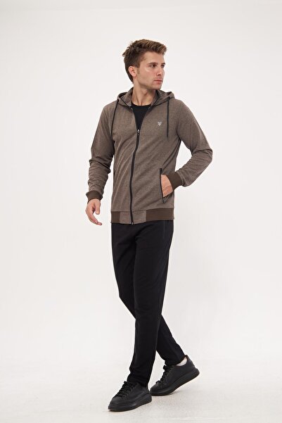 Marco Ferry Men's Cotton Full Zip Hooded Tracksuit Set Brown 5296-K