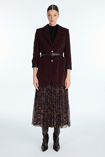 Zühre Double-Breasted Burgundy Jacket with Collar Belt Detail C-0170