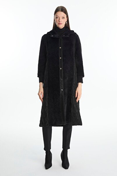 Zühre Hooded Leather Paneled Black Coat 13893