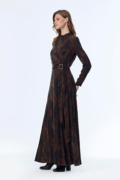 Zühre Silk Cupra Brown Dress with Buckle Detail E-0539