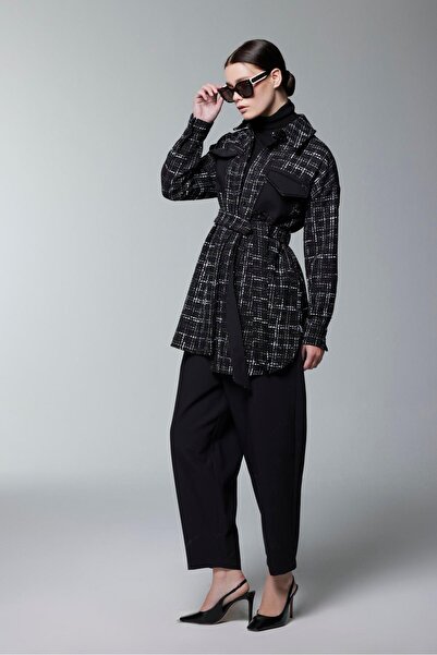 Zühre Tweed Patterned Belted Black Double Suit Tk-1704