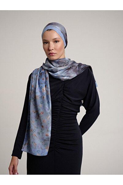 Ayshara Peony Floral Pattern Double Sided Shawl - Dirty Blue