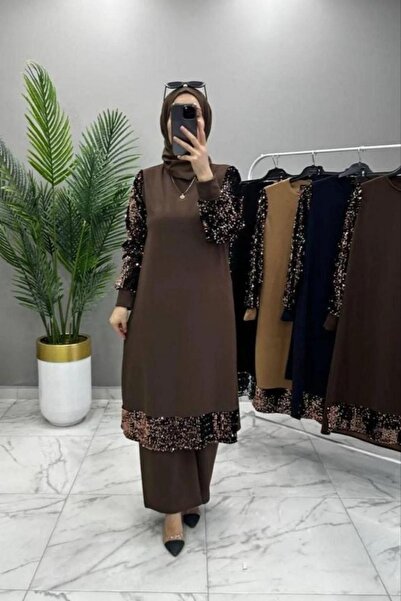 Hugglii PAYE VE PULLU LACİVERT TESETTÜR BEGÜM TUNİK PANTOLON TAKIM SCUBA KREP...