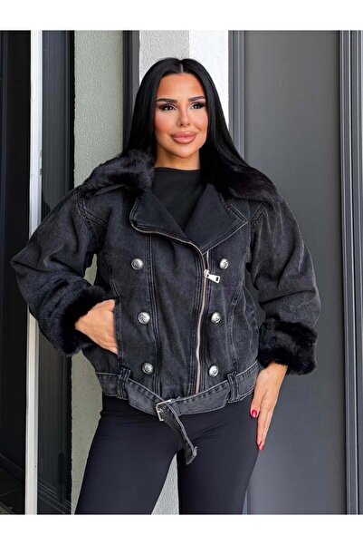 QİMYA BUTİK Sagi̇ Women's Cuff & Collar Fur Detailed Metal Button Cross Zipper Inside Fully Fur-Lined Denim Coat