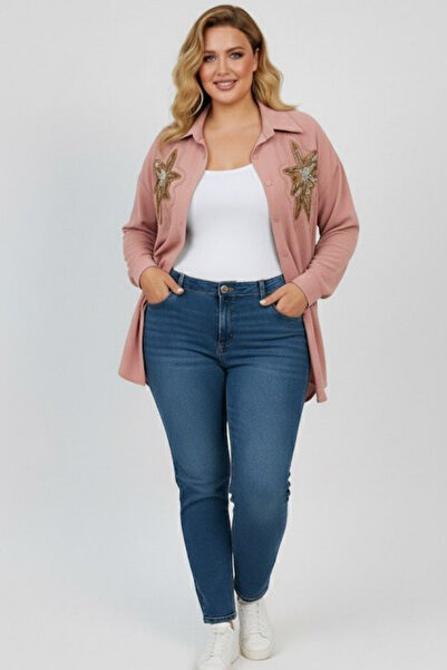 Koza Butik Women's Plus Size Sequin Embroidered Long Sleeve Shirt 1985-26