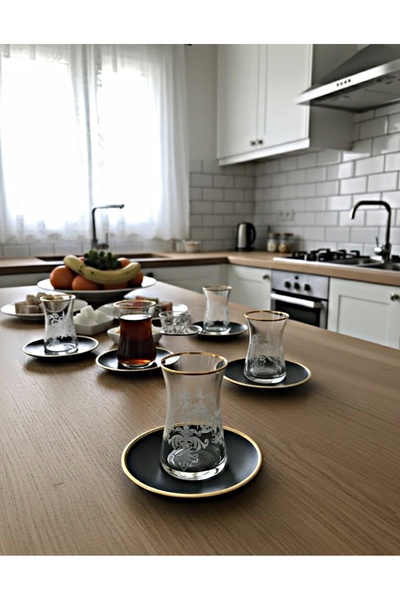 Paşabahçe Heybeli Gold Patterned Tea Set – 12 Pieces 106 Cc | Stylish Presentation Set with Plates