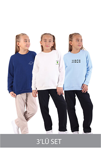 Rekormoda Детски комплект от 3 части, тъмносин-екру-син, 3-слоен, изгладен суитшърт с принт, 5-14 години