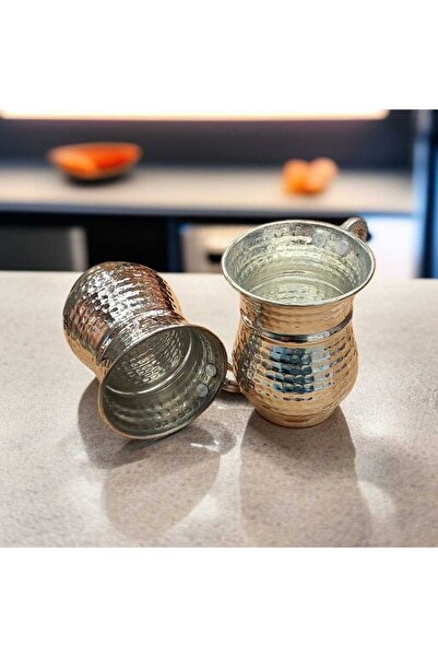 Bakır Center Nickel-Plated Silver-Coated Copper Cup & Copper Mug Forged Copper Ayran Cup with Handle 2 Pieces Mashrafa