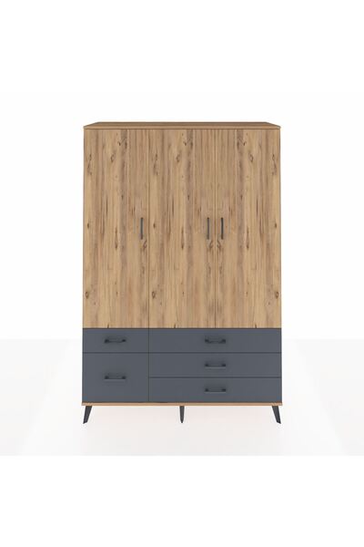 Dienni Hyperion Dolap 5 Raflı 5 Çekmeceli Tek Askılı 132x44x195 Çam-Çam/Antrasit