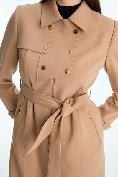 Zühre Düğme ve Fermuar Detaylı Kuşaklı Camel Trençkot 13928