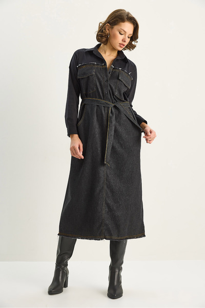 Bianco Lucci Women's Shirt Collar Denim Dress with Belt 8171 60351337