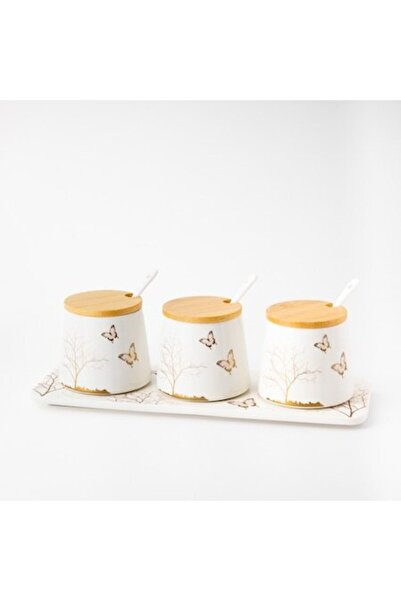 Malooki Set of 3 Porcelain Spice Jars with Bamboo Lids, Tray and Porcelain Spoons