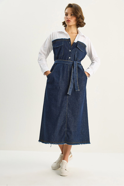 Bianco Lucci Women's Shirt Collar Denim Dress with Belt 8171 60351337