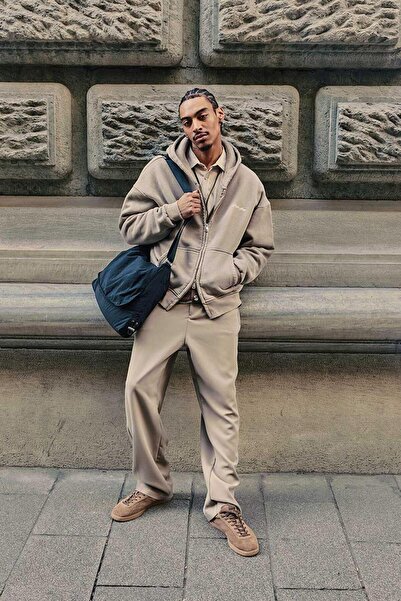 ablukaonline Ανδρικό φούτερ Relax Fit Washable με κουκούλα Σκούρο Μπεζ