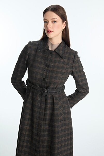 Zühre Plaid Patterned Belt Detailed Black Top Coat 13951
