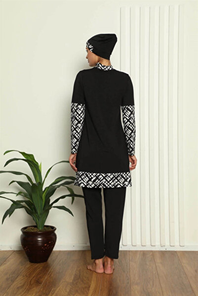 alfa expres Clothing Full Hijab Digital Patterned Swimsuit Black