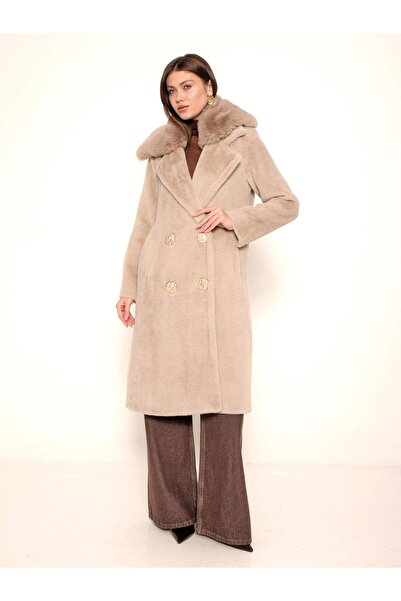 Coral Desenli Düğmeli Kruvaze Kürk Kaban 7990 Taş