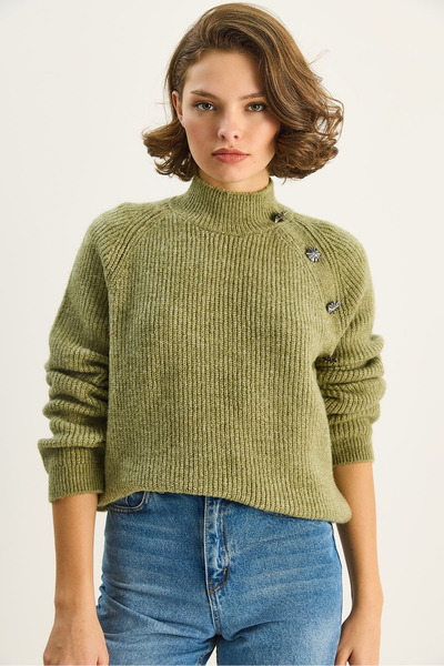 Bianco Lucci Women's Half Turtleneck Accessory Detail Loose Sweater Tk251144 60283741