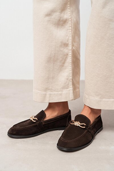 NİŞANTAŞI SHOES Abel Coffee Дамски мокасини с плоска подметка, с катарама от естествена кожа и детайли от велур