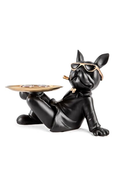 OEM Decorative French Bulldog Figurine with Tray, 19x17cm, Matte Black/Matte Gray