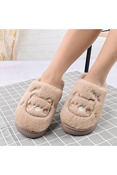 Tmall Papuci pufoși pentru femei, cu ursuleț de pluș, cu blană, TM1PD1067, maro