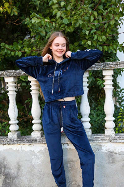 alfa expres Clothing Women's Velvet Hooded Tracksuit Set Navy Blue