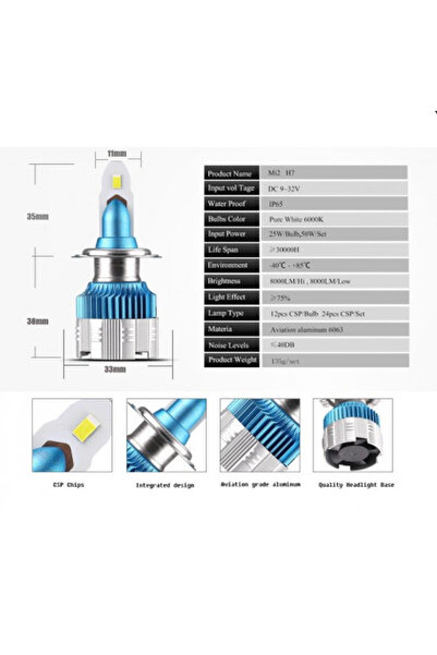 Ruan Set of 2 LED AUTO lamps Mi2 H7 temperature 6000k power 50W 8000 LM