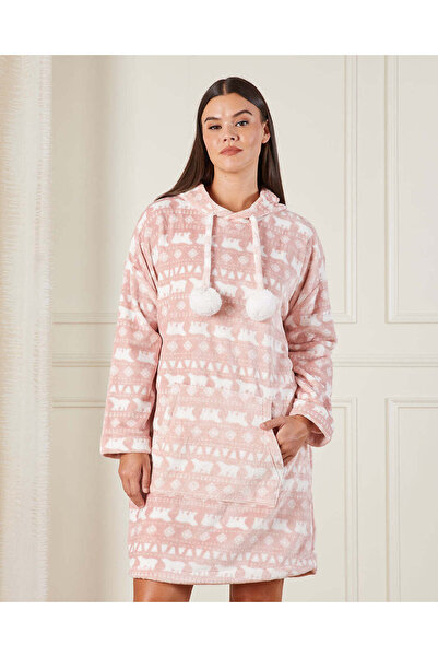REDTAG Women Pink Fleece Hooded Nightshirt