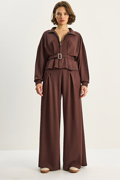 Bianco Lucci Дамски комплект с колан, плисирана жилетка, панталони с висока талия и широки крачоли, модал 4034 60283734