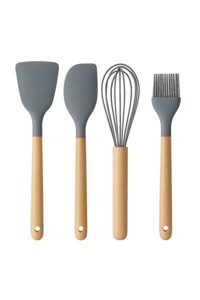 Ege Pastacılık Bamboo Handle Silicone Serving Set Set of 4 Spatula Whisk Brush
