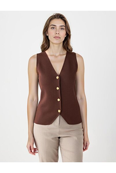 Jimmy Key Acı Kahve Dar Kesim Parlak Düğme Detaylı Triko Yelek