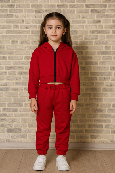 Markasız ucuz Girls' Hooded Zippered Pacasi Elasticized Tracksuit Set