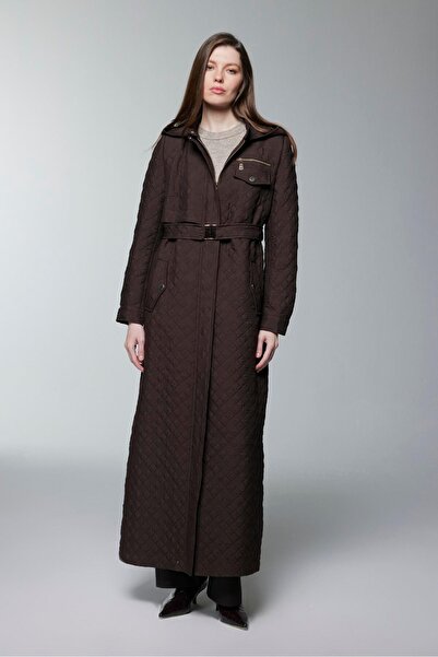 Zühre Hooded Brown Top Coat with Zipper and Belt Detail 13993