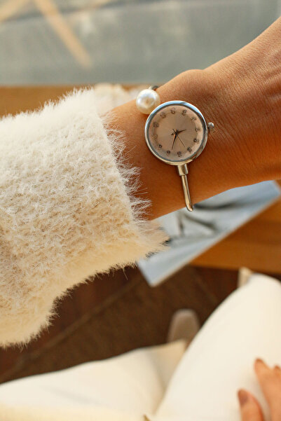 KOMBİNOLOJİ Pearl Silver Bileklik Metal İncili Kol Saati 20