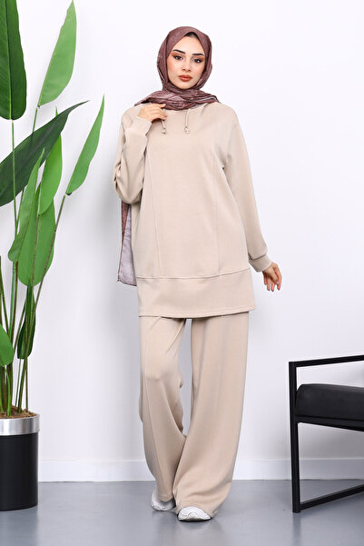 İmajButik Beige Hooded Tunic Pants Set