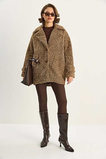 Bianco Lucci Women's Wide Collar Pocket Detailed Oversized Lined Boucle Cashmere Coat 7033 60283735