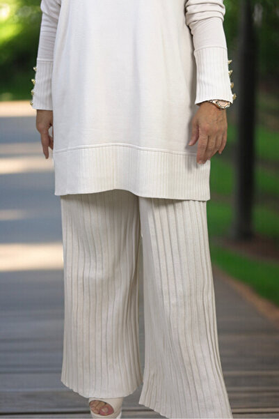 yagmurberen Button Detail Long Tunic Pleated Waist Elasticated Pants Plus Size Mercherized Suit