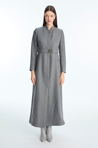 Zühre Accessory Detailed Patterned Gray Overcoat 13947