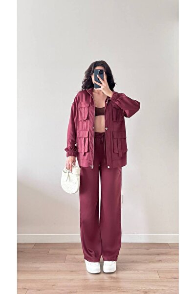 LOCH BUTİK Women's Burgundy Pocket Detailed Snap Fastener Zippered Jacket Pants Two-Piece Set