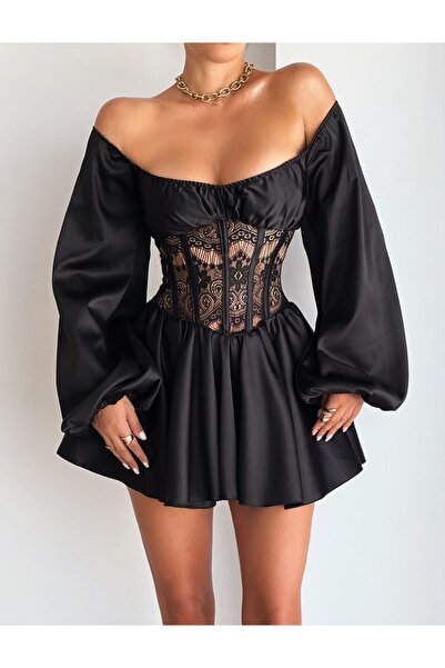 Elia Swimwear Mini Corset Dress With Lace Baby Doll With Puff Sleeves Satin Black Sapphire