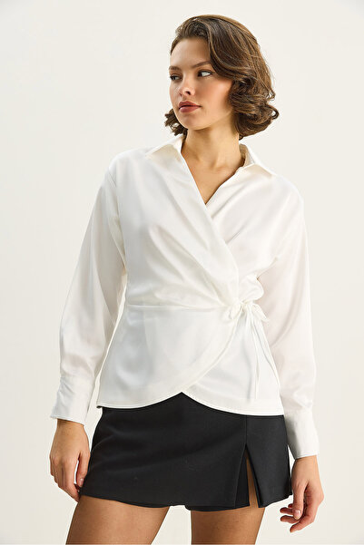 Bianco Lucci Women's Double-Breasted Side Tie Satin Shirt 2133 60283752