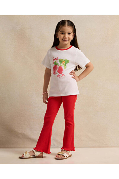 REDTAG Girls Red Sweet & Classic Print Flared Leggings
