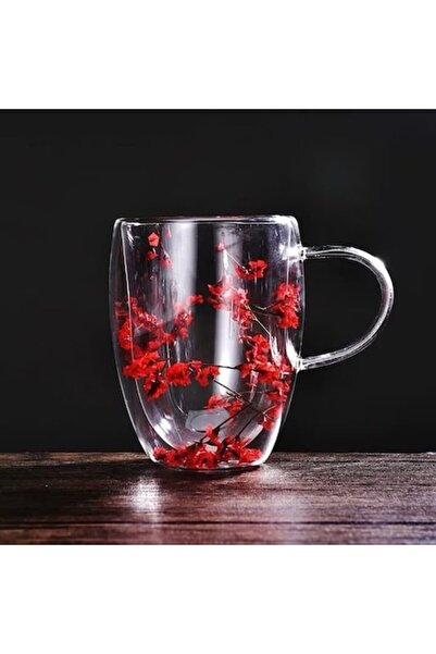 Malooki Double-wall glass mug for coffee and tea with dried red flowers, 350 ml