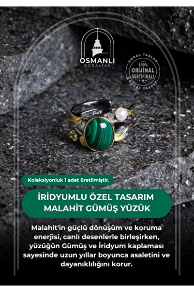 OSMANLI DOĞAL TAŞ Sertifikalı İridyumlu Özel Tasarım Malahit Gümüş Yüzük